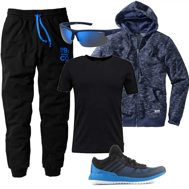 Outfit uomo - Outfit Sportivo/running. Stile Urban per Sport. Abbinamento con pantaloni, felpe con cappuccio, sneakers, t-shirt, occhiali da sole.