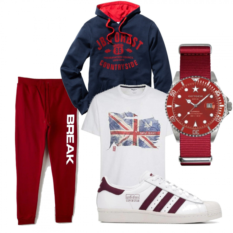Outfit uomo - Passeggiata al parco. Stile Casual per Tutti i giorni. Abbinamento con felpe con cappuccio, pantaloni, sneakers, orologi, t-shirt.