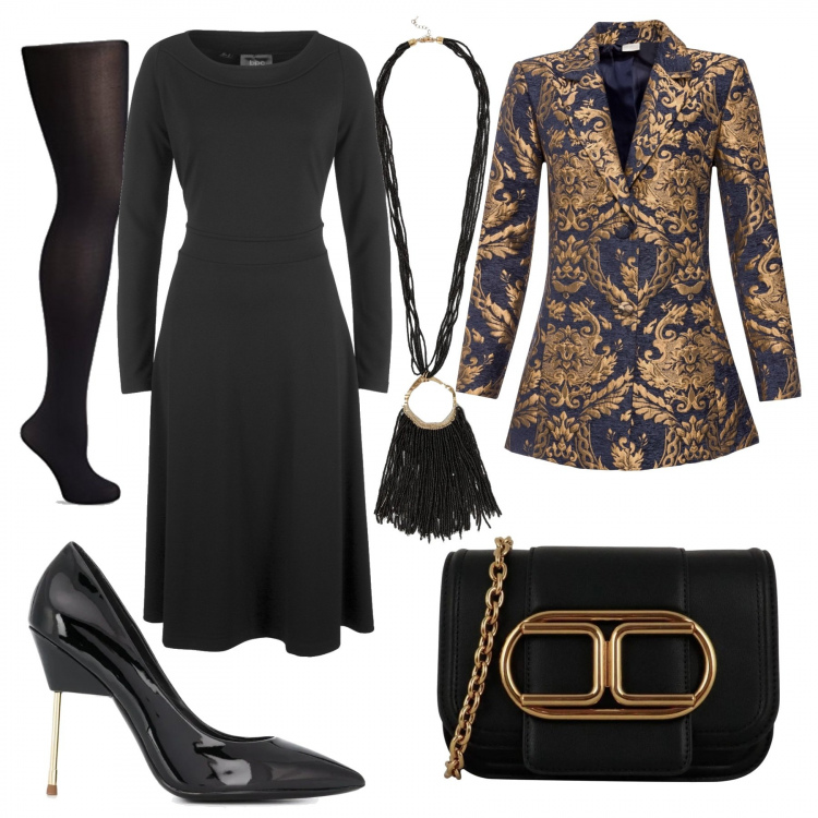 Outfit donna - Nero e oro. Stile Chic per Serata fuori. Abbinamento con stivaletti, cappotti, collane, décolleté, collant, clutch.