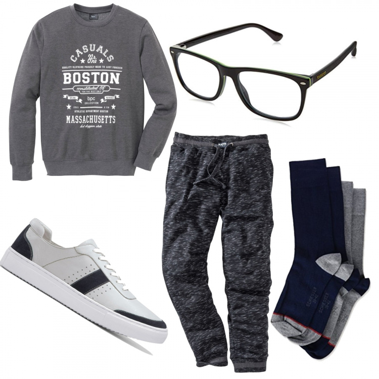 Outfit uomo - Stare a casa. Stile Casual per Tutti i giorni. Abbinamento con pantaloni, felpe, sneakers, occhiali da sole, calzini.