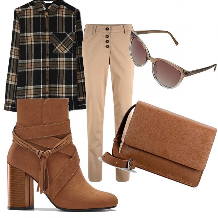 Outfit donna - Camicia a quadri. Stile Basic per Tutti i giorni. Abbinamento con shorts, stivaletti, camicie, occhiali da sole, borse a mano.