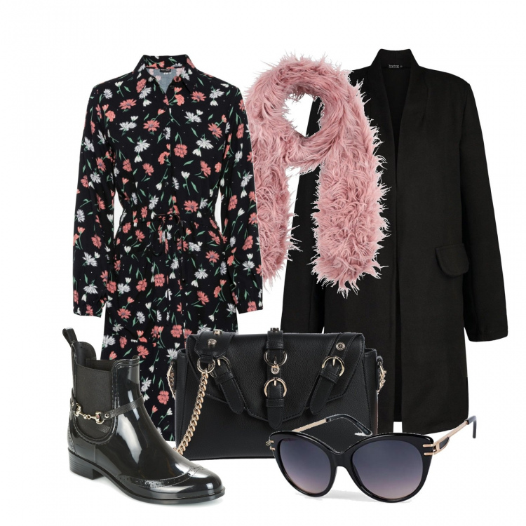 Outfit donna - Cappottino e scarpe basse. Stile Trendy per Tutti i giorni. Abbinamento con vestiti a tubino, stole, borse a tracolla, cappotti, stivali di gomma, occhiali da sole.