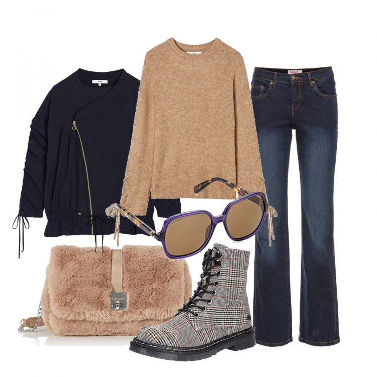 Outfit donna - Gli anfibi fashion. Stile Trendy per Tutti i giorni. Abbinamento con jeans dritti, pullovers, anfibi, blazer, borse a spalla, occhiali da sole.