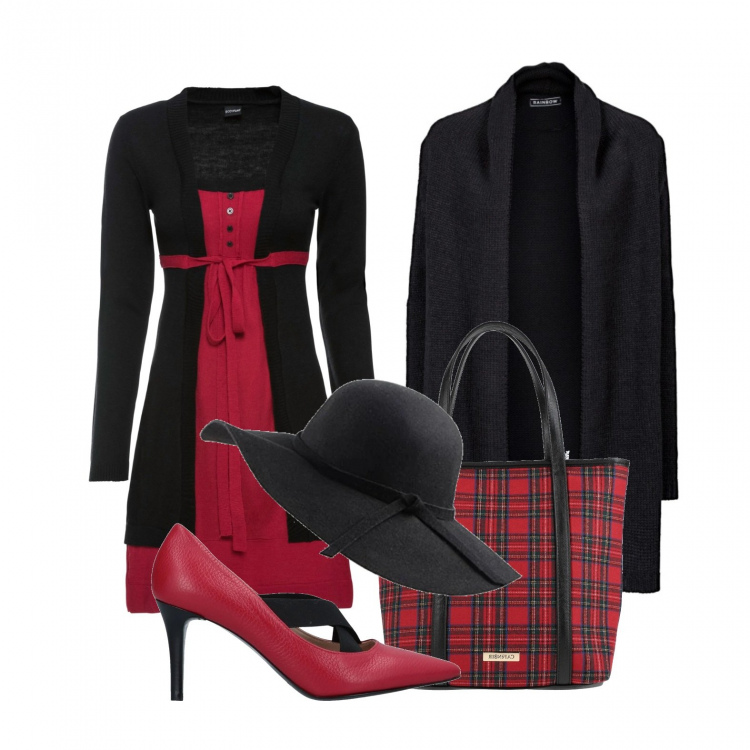 Outfit donna - Il rosso che scalda. Stile Bon Ton per Tutti i giorni. Abbinamento con cardigans, vestiti, borse a mano, décolleté, cappelli.