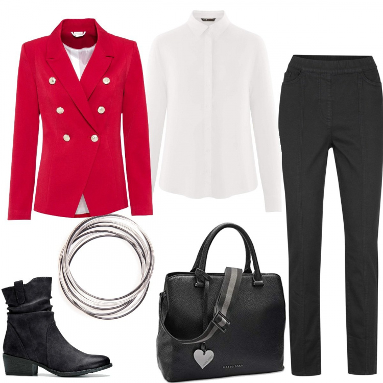Outfit donna - Con la giacca rossa. Stile Urban per Tutti i giorni. Abbinamento con stivaletti texani, blazer, pantaloni, braccialetti, borse a mano, camicie.