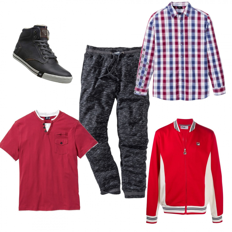 Outfit uomo - Osare in rosso. Stile Trendy per Tutti i giorni. Abbinamento con pantaloni, vestiti, t-shirt, giacche, sneakers.