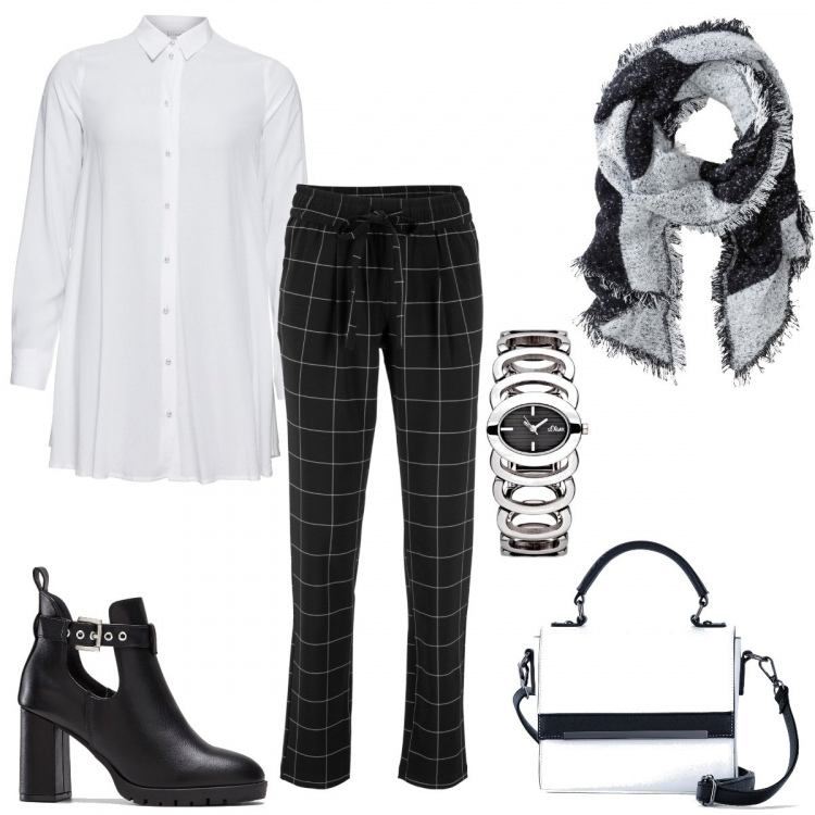Outfit donna - Col pantalone a quadri, curvy. Stile Basic per Tutti i giorni. look ideale per Tall. Abbinamento con camicie, pantaloni, sciarpe, stivaletti, borse a mano, orologi.
