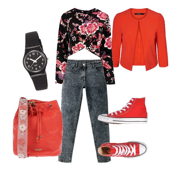 Outfit donna - Anni \'90. Stile Trendy per Scuola/Università. Abbinamento con sneakers alte, borsa a mano secchiello taglia media con laccetti interno foderato in pelle sintetica tinta unita, giacca collo tondo a maniche 3/4 rosso.