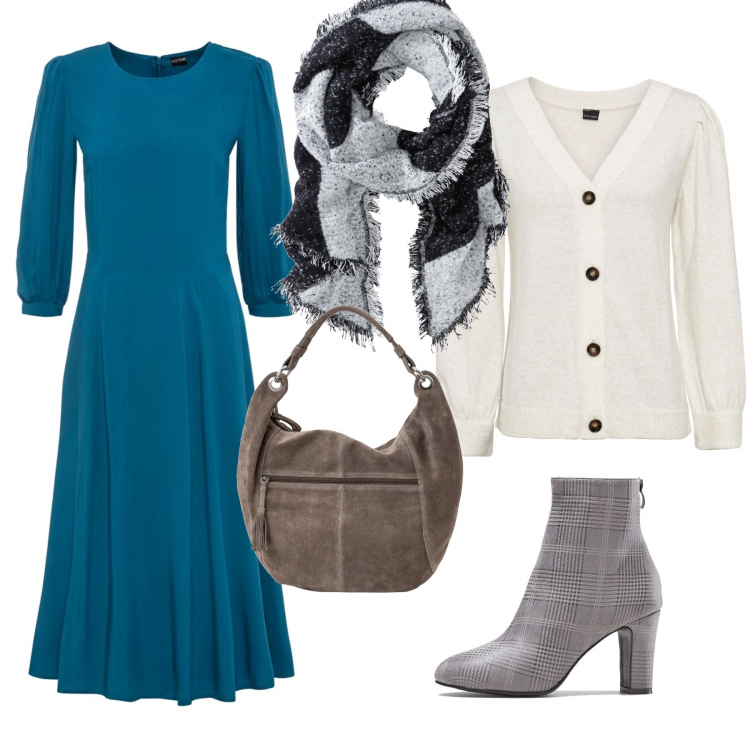 Outfit donna - Bon Ton #29998. Stile Bon Ton per Tutti i giorni. Abbinamento con sciarpe, vestiti, cardigans, stivaletti, shopping bag.