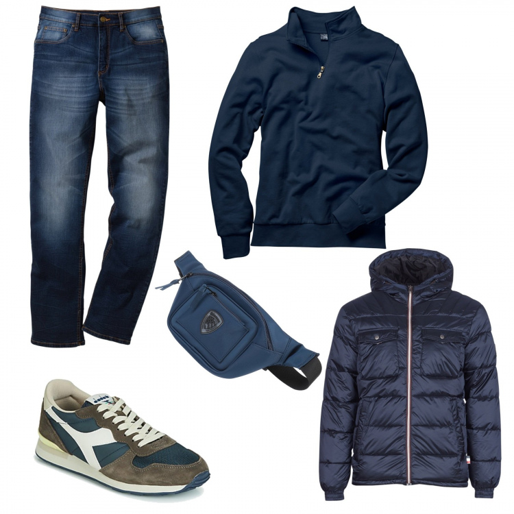 Outfit uomo - Total blu. Stile Casual per Tutti i giorni. Abbinamento con felpe, jeans dritti, borse sportive, piumini, sneakers.