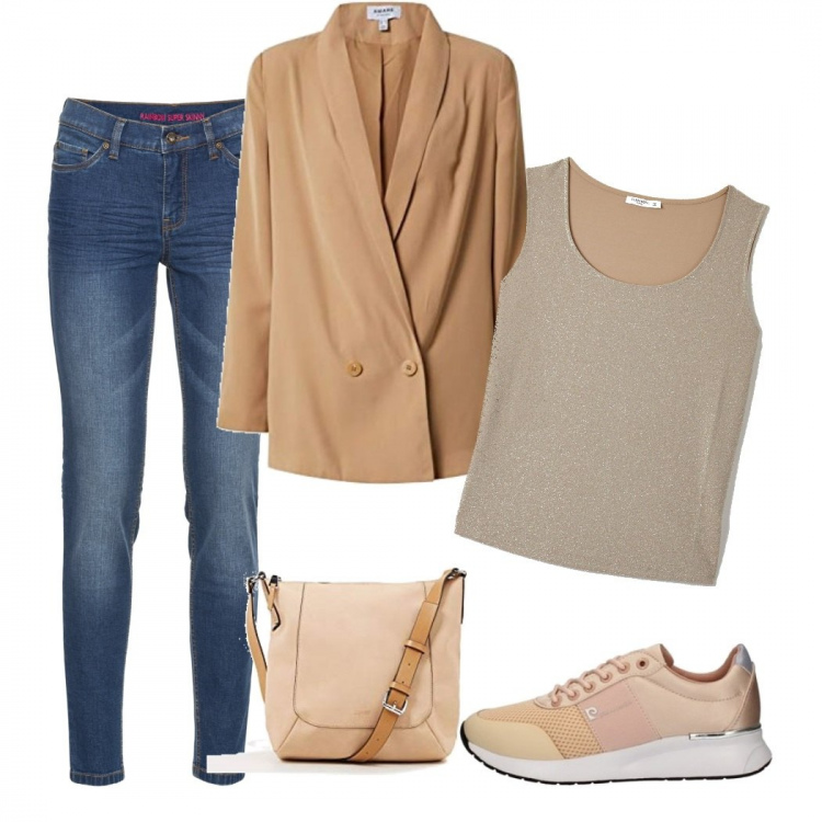 Outfit donna - Un giro in città. Stile Urban per Tutti i giorni. Abbinamento con jeans skinny, canottiere, sneakers, blazer, borse messenger.
