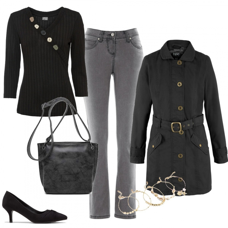 Outfit donna - Maglia con bottoni. Stile Basic per Tutti i giorni. Abbinamento con jeans slim fit, pullovers, trench, décolleté, braccialetti, borse a tracolla.