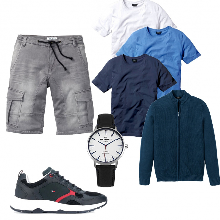 Outfit uomo - Casual #21578. Stile Casual per Tutti i giorni. Abbinamento con bermuda, cardigans, t-shirt, sneakers, orologi.