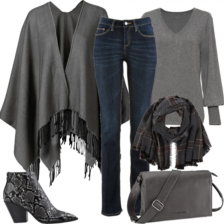 Outfit donna - Consigli di stile inverno low-cost. Stile Basic per Tutti i giorni. Abbinamento con jeans dritti, maglieria, cappotti, stivaletti, borse a tracolla, sciarpe.
