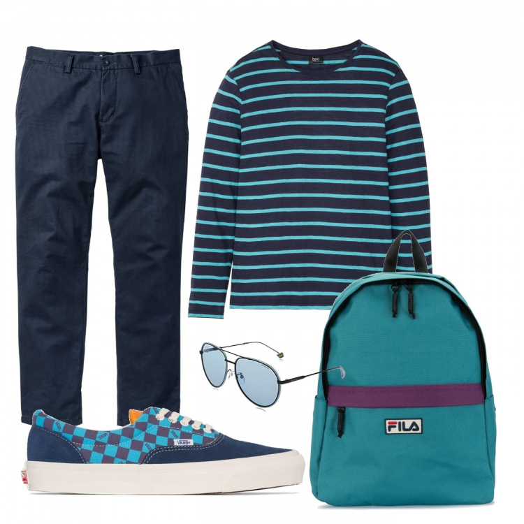 Outfit uomo - Casual #21580. Stile Casual per Tutti i giorni. Abbinamento con pantaloni chino, reggiseni, borse sportive, sneakers, occhiali da sole.