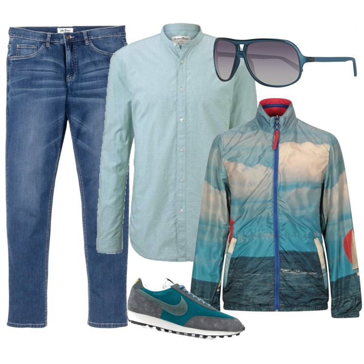 Outfit uomo - Mare d\'autunno. Stile Trendy per Tutti i giorni. Abbinamento con jeans, cappotti, sneakers, camicie, occhiali da sole.