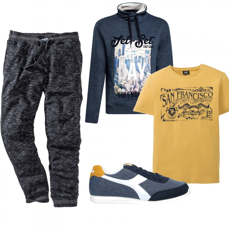 Outfit uomo - Urban #9872. Stile Urban per Tutti i giorni. Abbinamento con pantaloni, t-shirt, sneakers, maglioni.