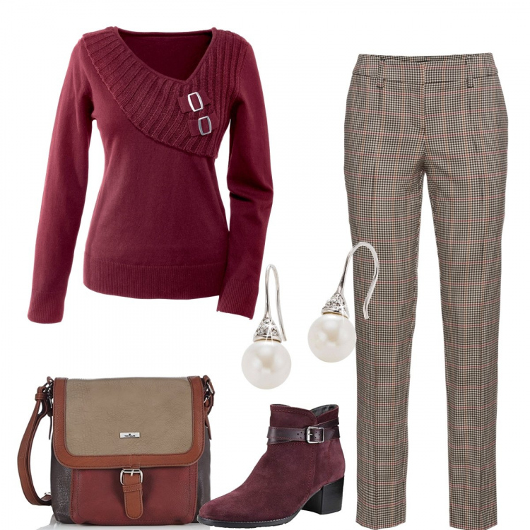 Outfit donna - Comoda ed elegante low cost. Stile Basic per Ufficio. Abbinamento con maglieria, pantaloni, orecchini, stivaletti, borse a tracolla.