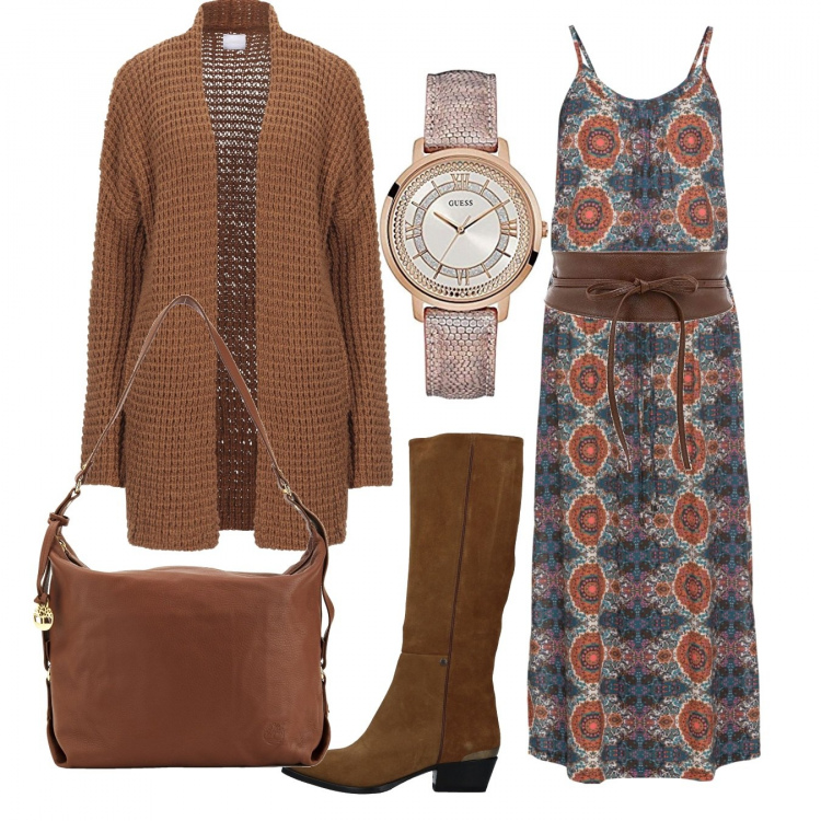 Outfit donna - Trendy #72409. Stile Trendy per Tutti i giorni. Abbinamento con vestiti lunghi, borse a mano, stivali, cardigans, cinture, orologi analogici.