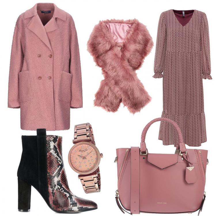 Outfit donna - Cappotto rosa. Stile Chic per Tutti i giorni. Abbinamento con vestiti corti, cappotti, borse a mano, stivali, stole, orologi analogici.