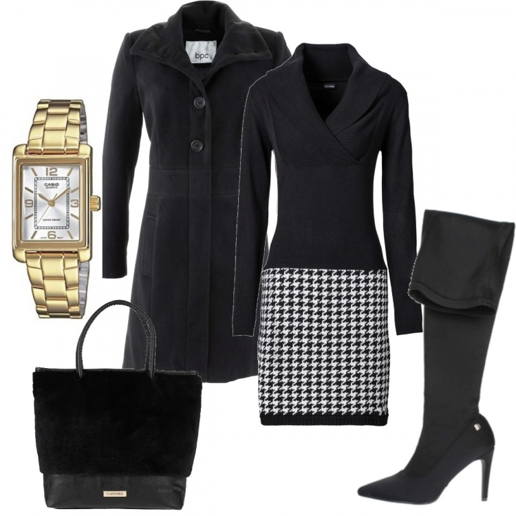 Outfit donna - Il nero. Stile Chic per Serata fuori. Abbinamento con vestiti, cappotti, borse a mano, stivali, orologi.