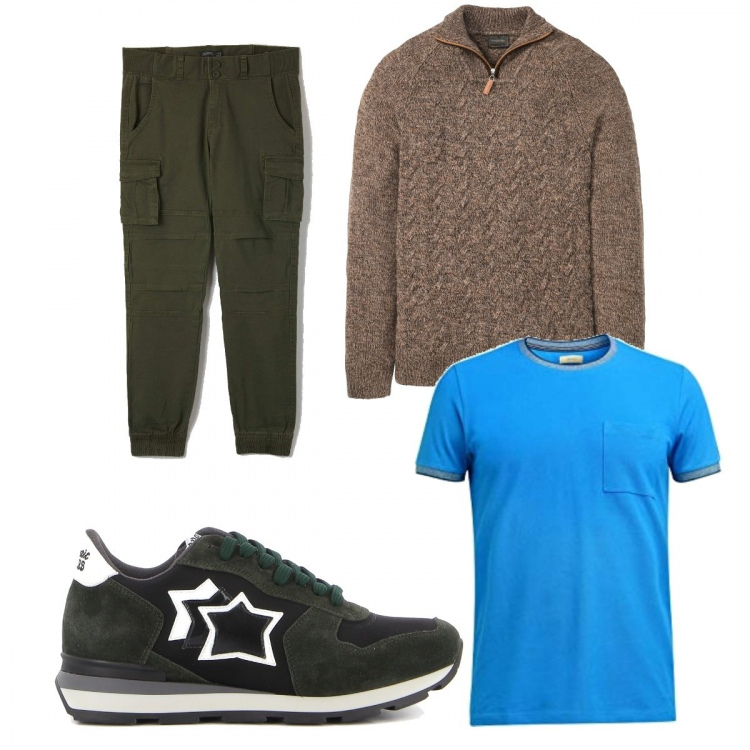Outfit uomo - Casual #21633. Stile Casual per Tutti i giorni. Abbinamento con maglieria, pantaloni cargo, sneakers, t-shirt.