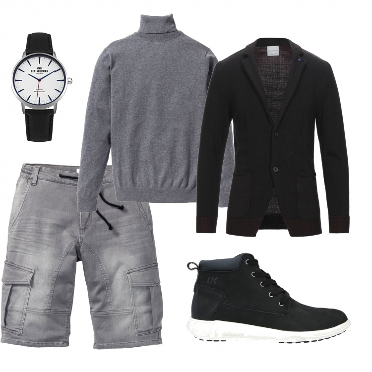 Outfit uomo - Urban #9888. Stile Urban per Tutti i giorni. Abbinamento con bermuda, maglioni, giacche, stivali e stivaletti, orologi.