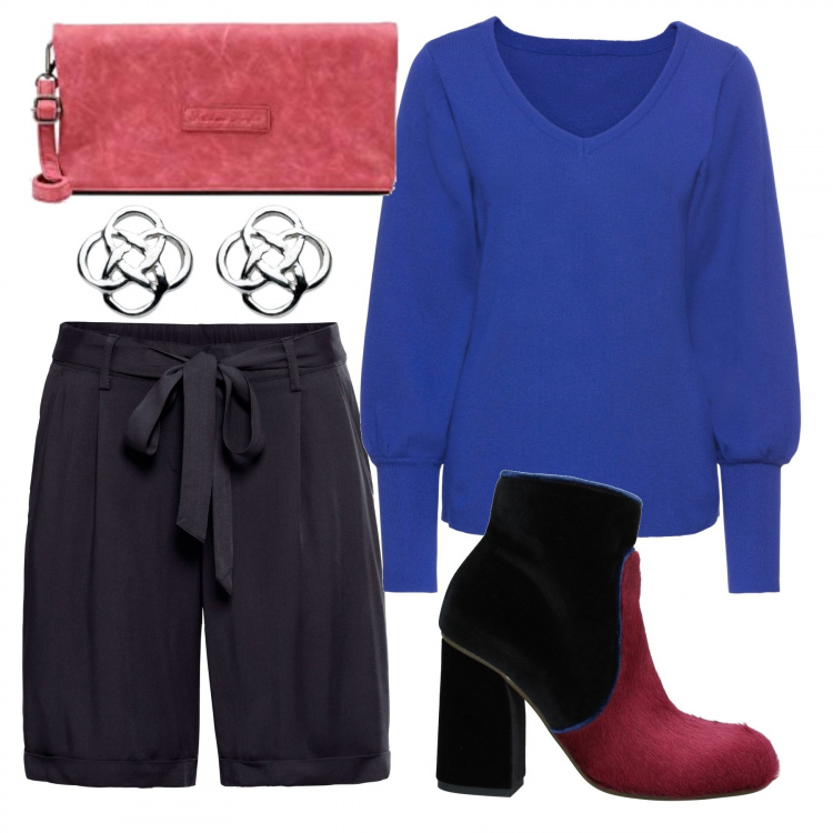 Outfit donna - Stile a tutta gamba. Stile Trendy per Tutti i giorni. Abbinamento con maglieria, bermuda, stivaletti, clutch, orecchini.