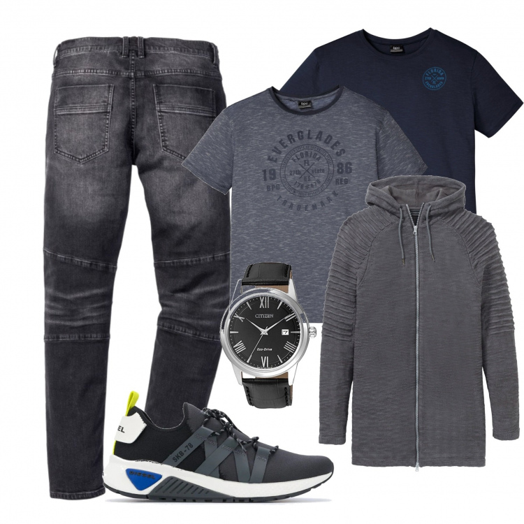 Outfit uomo - Urban #9893. Stile Urban per Tutti i giorni. Abbinamento con t-shirt, cardigans, jeans slim fit, sneakers, orologi analogici.