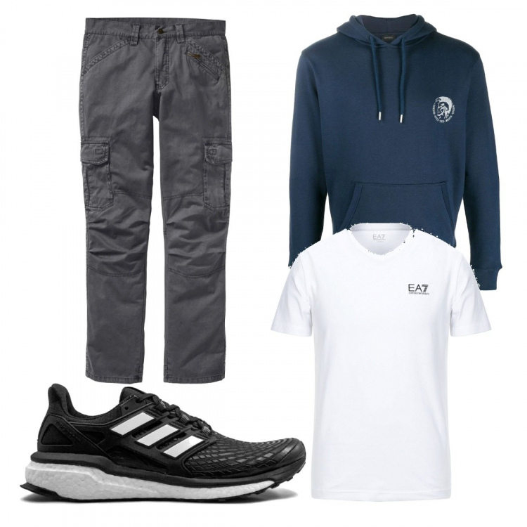 Outfit uomo - Casual #21672. Stile Casual per Tutti i giorni. Abbinamento con pantaloni cargo, t-shirt, sneakers, felpe con cappuccio.