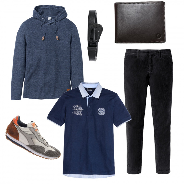 Outfit uomo - In coda per la spesa. Stile Urban per Tutti i giorni. Abbinamento con maglieria, polo, pantaloni chino, portafogli, cinture, sneakers.