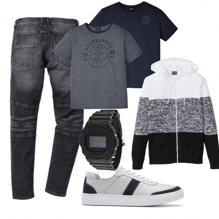 Outfit uomo - Casual #21700. Stile Casual per Tutti i giorni. Abbinamento con t-shirt, sneakers, jeans slim fit, cardigans, orologi.