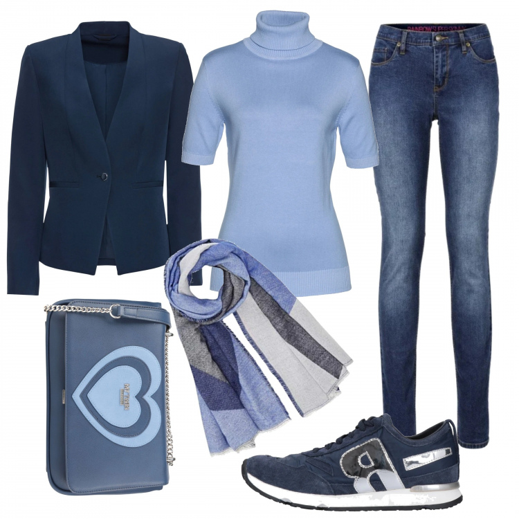 Outfit donna - Pratica in celeste. Stile Basic per Tutti i giorni. Abbinamento con blazer, jeans skinny, maglioni, sneakers, borse a tracolla, sciarpe.