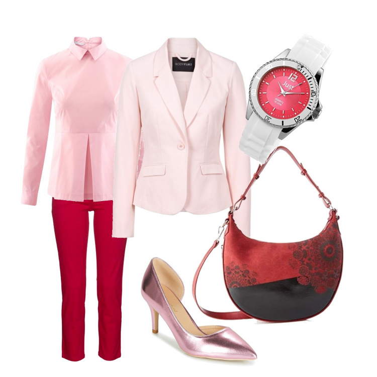 Outfit donna - Abbina il rosa con il rosso. Stile Bon Ton per Ufficio. Abbinamento con blazer, pantaloni, décolleté, borse a tracolla, camicie, orologi.