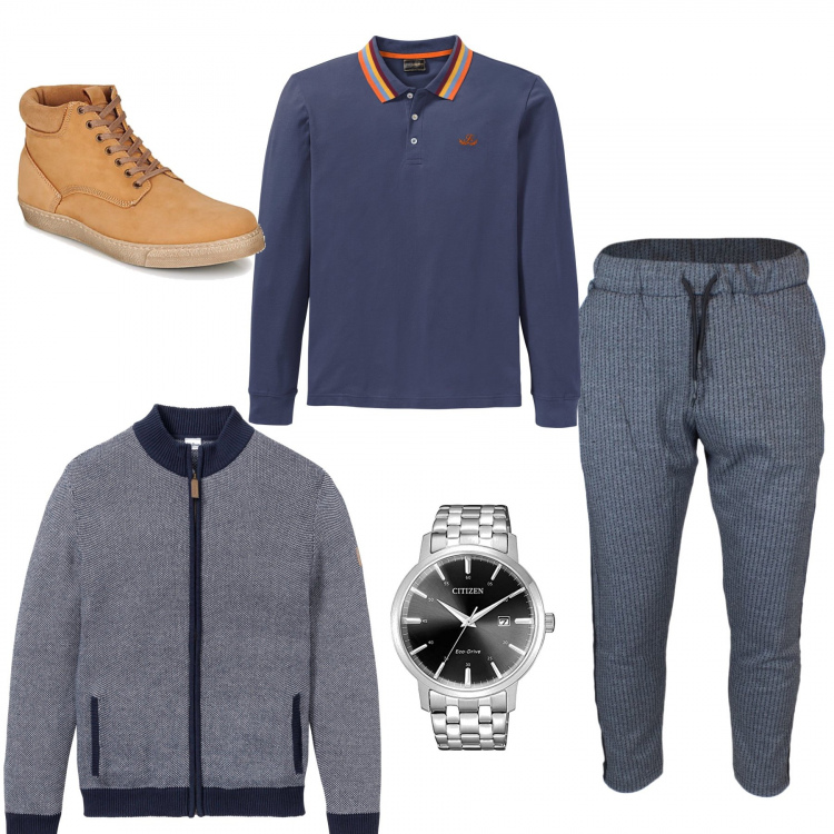 Outfit uomo - Sportivo e semplice. Stile Casual per Tutti i giorni. Abbinamento con cardigans, polo, pantaloni chino, stivali e stivaletti, orologi.