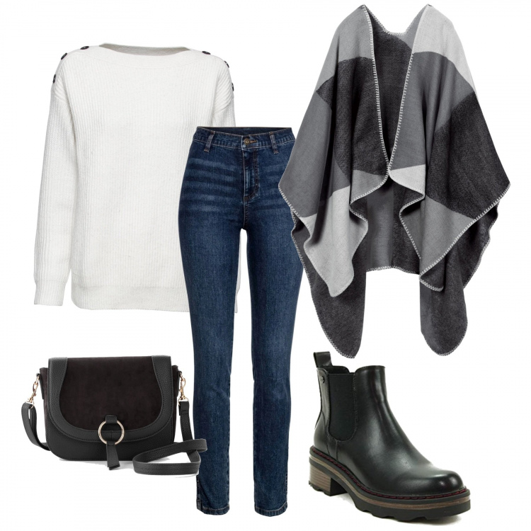 Outfit donna - Trendy senza tacchi. per Ufficio. Abbinamento con maglieria, cappotti, jeans skinny, borse a tracolla, stivaletti.