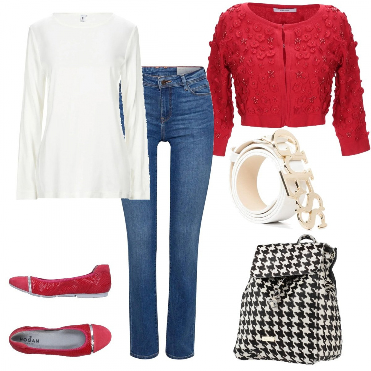 Outfit donna - Passione jeans. Stile Basic per Tutti i giorni. Abbinamento con cardigans, ballerine, bluse, zaini, jeans, cinture.