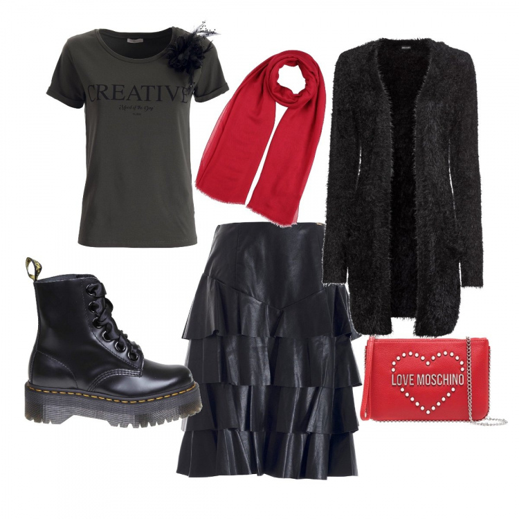 Outfit donna - Un touche de rouge. Stile Urban per Tutti i giorni. Abbinamento con cardigans, stole, gonne longuette, t-shirt, clutch, anfibi.