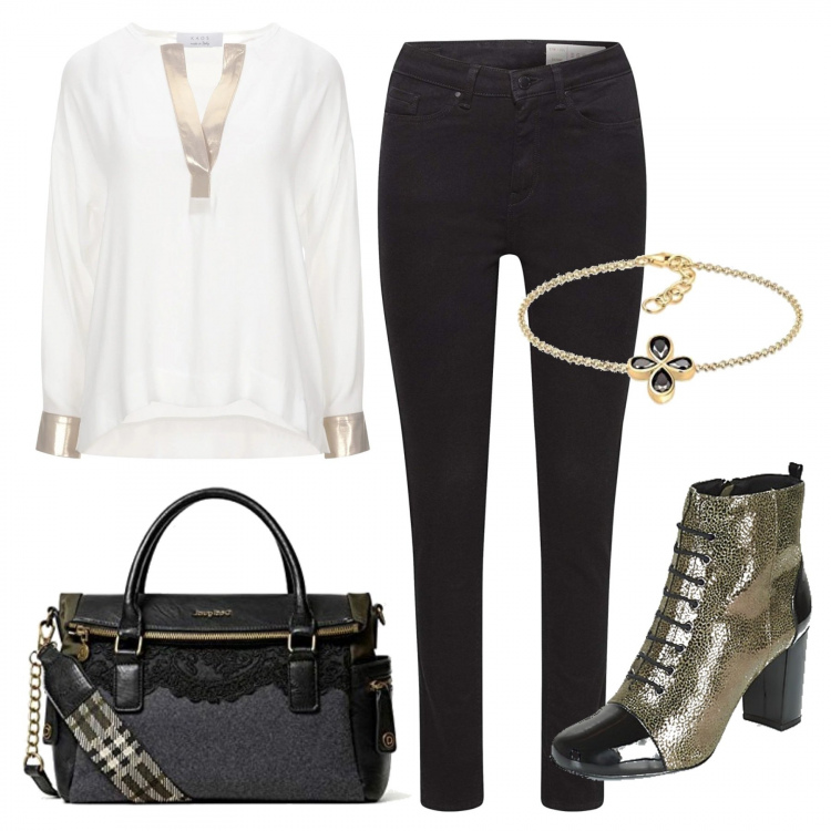 Outfit donna - Trendy #72530. Stile Trendy per Tutti i giorni. Abbinamento con bluse, stivaletti, borse a mano, jeans skinny, braccialetti.
