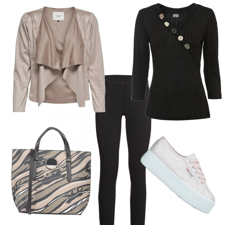 Outfit donna - Comfy and trendy. Stile Urban per Scuola/Università. Abbinamento con pullovers, pantaloni skinny, borse a mano, sneakers, blazer.