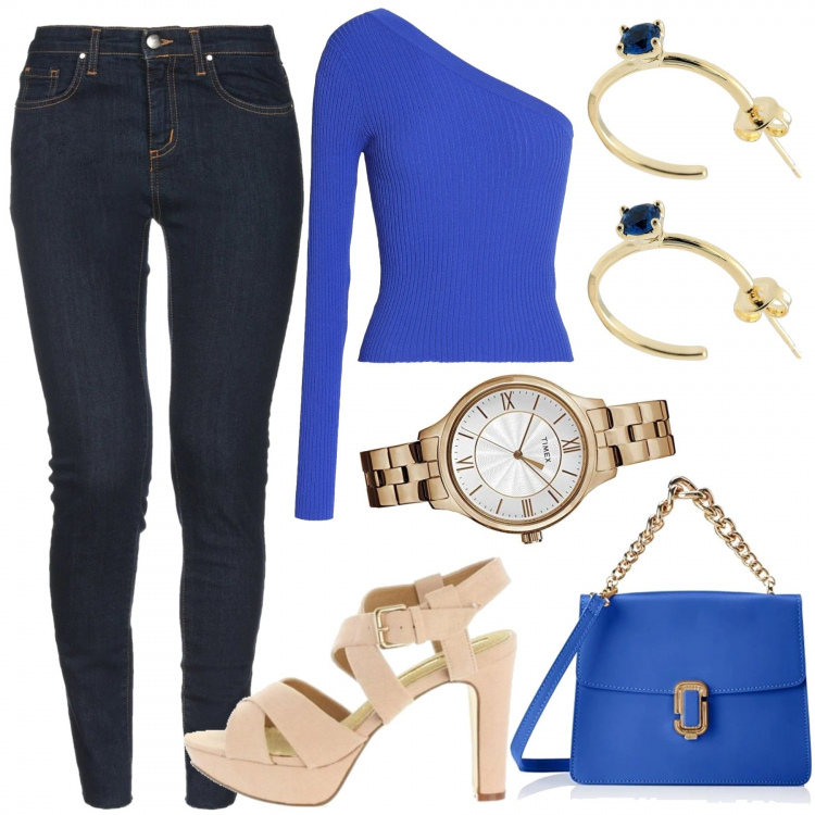 Outfit mujer - Azul eléctrico. Estilo Trendy para Todos los días. Combinación con bolsos de mano, reloj, sandalias, top, vaqueros slim fit, pendientes.