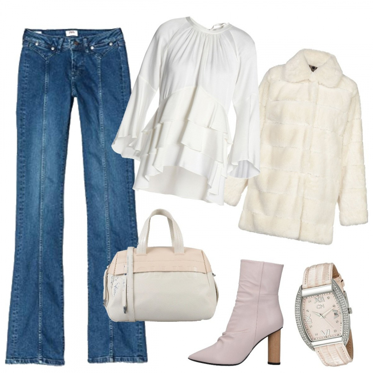 Outfit donna - In Vista. Stile Urban per Tutti i giorni. Abbinamento con cappotti, bluse, stivaletti, borse a mano, jeans a zampa, orologi.