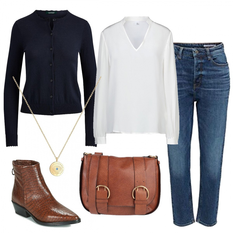Outfit donna - In jeans e blusa bianca. Stile Basic per Tutti i giorni. Abbinamento con cardigans, bluse, borse a spalla, stivaletti, jeans, ciondoli.
