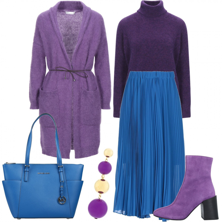 Outfit donna - Purple and Electric Blue. Stile Trendy per Tutti i giorni. Abbinamento con gonne longuette, stivaletti, borse a mano, pullovers, cardigans, orecchini.