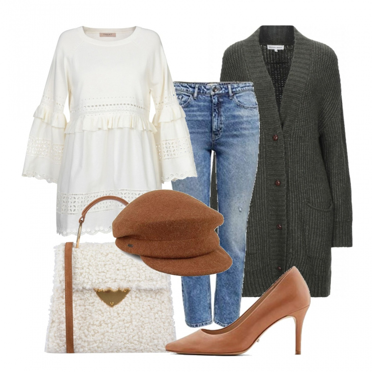 Outfit donna - Jeans+blusa bianca. Stile Trendy per Tutti i giorni. Abbinamento con cardigans, bluse, borse a spalla, décolleté, jeans, berretti.