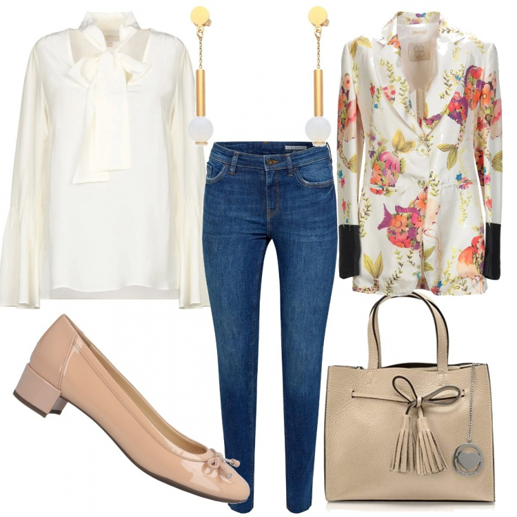 Outfit donna - Jeans e blusa bon ton. Stile Bon Ton per Tutti i giorni. Abbinamento con blazer, bluse, décolleté, orecchini, borse a mano, jeans skinny.