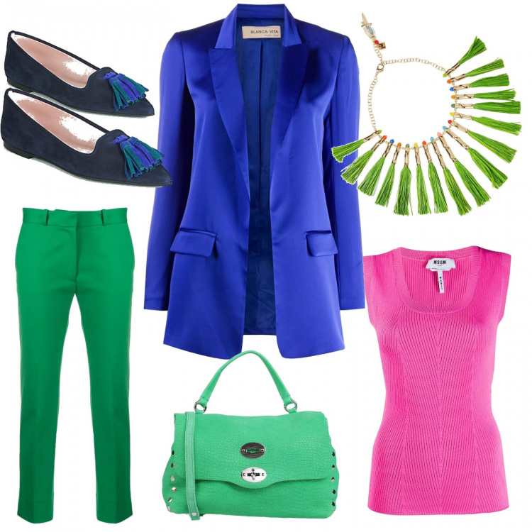 Outfit donna - #monday style: blue elettrico. Stile Urban per Ufficio. Abbinamento con collane, borse a mano, ballerine, blazer, pantaloni a palazzo, canottiere.