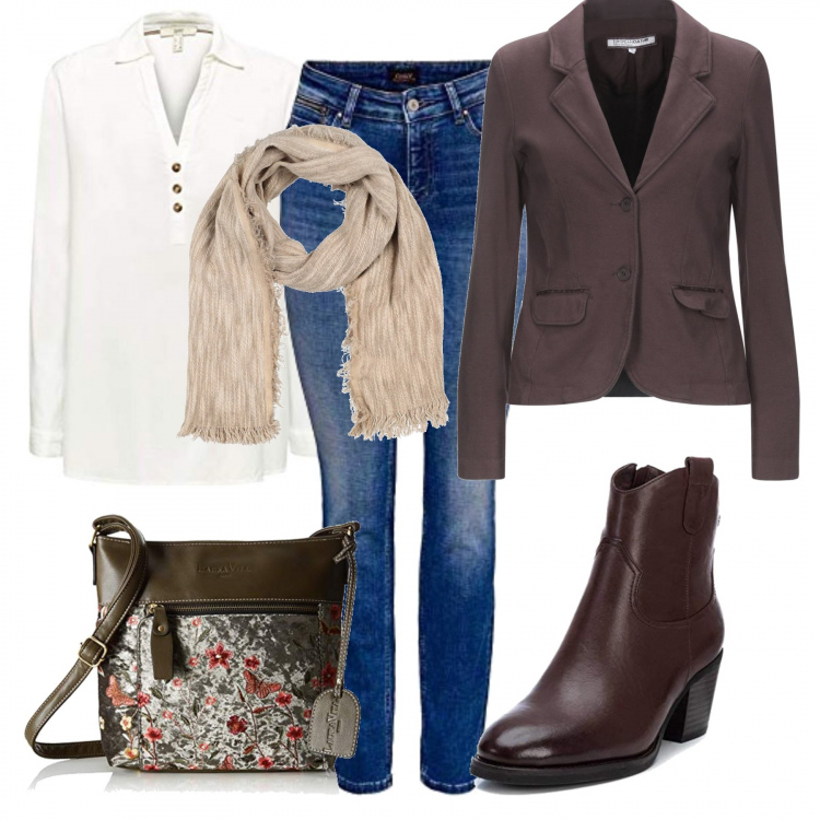 Outfit mujer - Trendy #72567. Estilo Trendy para Todos los días. Combinación con botines, blusas, bandoleras, vaqueros, blazers, chales.