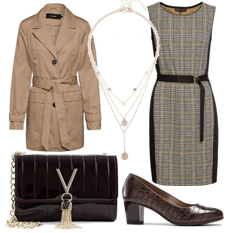 Outfit donna - Un tubino per l\'ufficio. Stile Basic per Ufficio. Abbinamento con vestiti a tubino, décolleté, ciondoli, trench, borse a cartella.