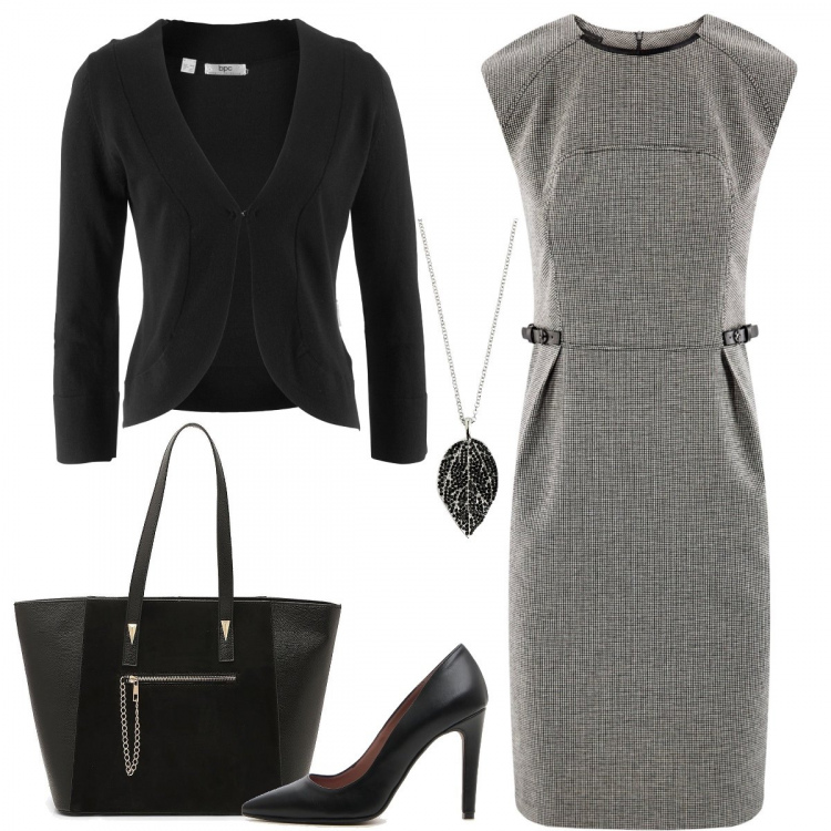Outfit donna - Tubino e décolleté economy style. Stile Bon Ton per Ufficio. Abbinamento con blazer, ciondoli, borse tote, vestiti midi/longuette, décolleté.